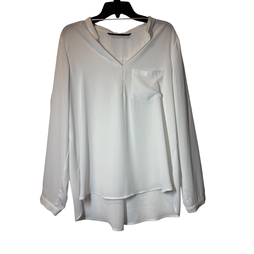 Zara Basic Womens XL White V-Neck Long Sleeve High Low Blouse Crepe Top